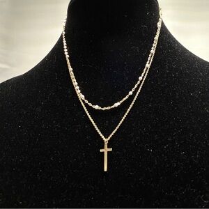 Altar’d State, Gold, Double Strand, Christian Cross Necklace, white Beads, NOC